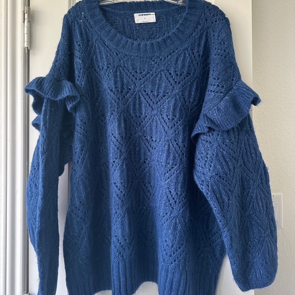 ✨NEW✨ Old Navy Women's Blue Crew Neck Sweater with Open Weave and Ruffle Detail - Picture 2 of 9
